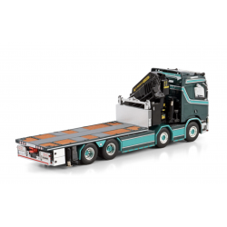 TM HANSEN SCANIA R NORMAL CR20N RIGED FLATBED TRUCK 8X2 TAG AXLE WITH PALFINGER PK 92002 SH + JIB
