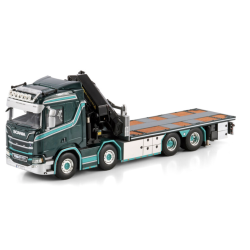 TM HANSEN SCANIA R NORMAL CR20N RIGED FLATBED TRUCK 8X2 TAG AXLE WITH PALFINGER PK 92002 SH + JIB