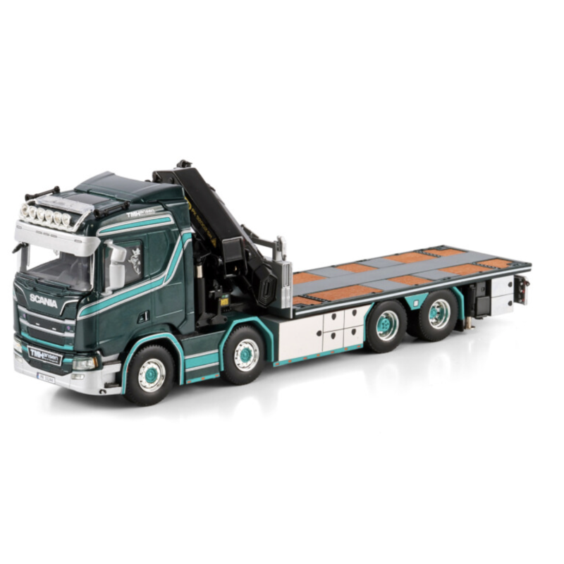 TM HANSEN SCANIA R NORMAL CR20N RIGED FLATBED TRUCK 8X2 TAG AXLE WITH PALFINGER PK 92002 SH + JIB
