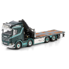 TM HANSEN SCANIA R NORMAL CR20N RIGED FLATBED TRUCK 8X2 TAG AXLE WITH PALFINGER PK 92002 SH + JIB