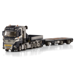 ARJEN KANDT MERCEDES-BENZ AROCS MP5 BIG SPACE 10X4 FLATBED DRAWBAR TRAILER - 3 AXLE WITH PALFINGER PK 165.002 TEC 7 + JIB BAL...