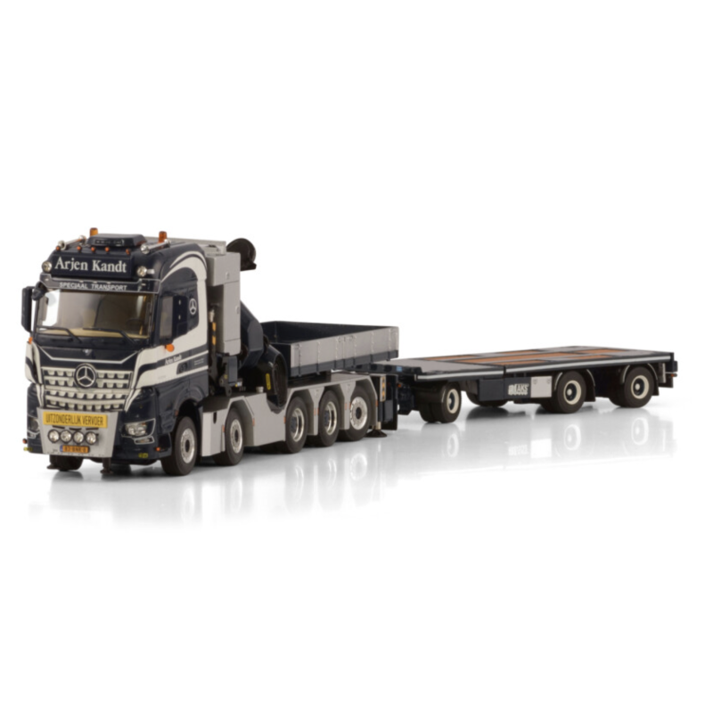 ARJEN KANDT MERCEDES-BENZ AROCS MP5 BIG SPACE 10X4 FLATBED DRAWBAR TRAILER - 3 AXLE WITH PALFINGER PK 165.002 TEC 7 + JIB BAL...