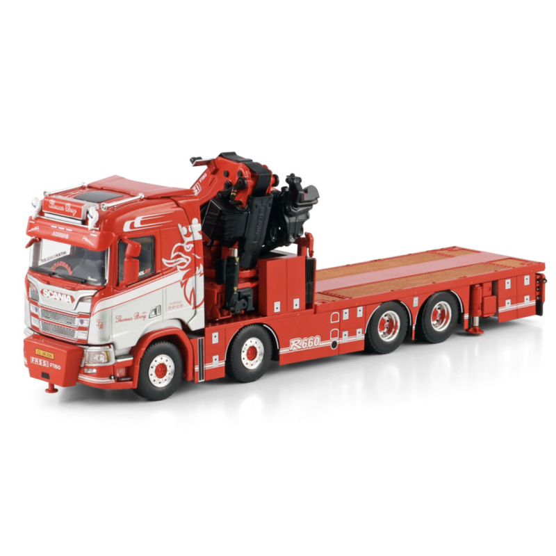 THOMAS BERG SCANIA R NORMAL CR20N 8X4 RIGED FLATBED TRUCK WITH FASSI 1100 + JIB
