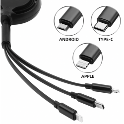 Câble Micro USB/type-c rétractable 3 en 1 pour recharge rapide multiple, compatible avec Scania