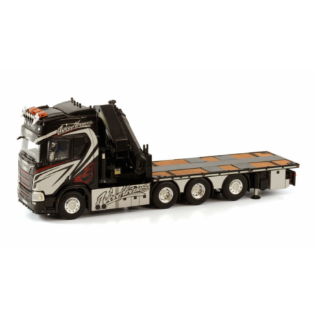 WOOD TRANS SCANIA R HIGHLINE CR20H 8X4 RIGED FLATBED TRUCK WITH PALFINGER PK 92002 SH